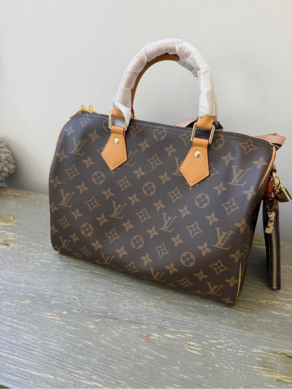 Source Unknown Brown Monogram Satchel with Tan Trim